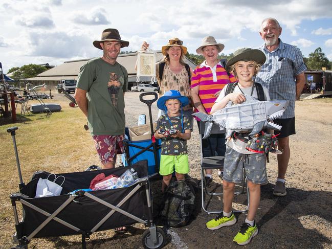 Regulars (from left) Stuart Nivison, Joe Nivison, Kristy Nivison, Karen Robinson, Toby Nivison and Gordon Robinson at the Toowoomba Swap. The Robinson's have attended the swap hosted by Darling Downs Veteran and Vintage Motor Club for over 40 years, Saturday, February 1, 2025. Picture: Kevin Farmer