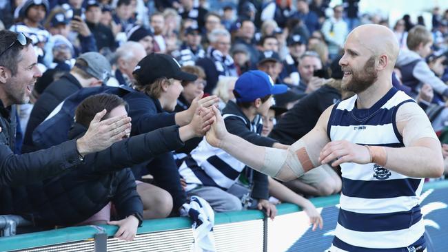 Ablett enjoys the win with Cats fans. Picture: Getty Images