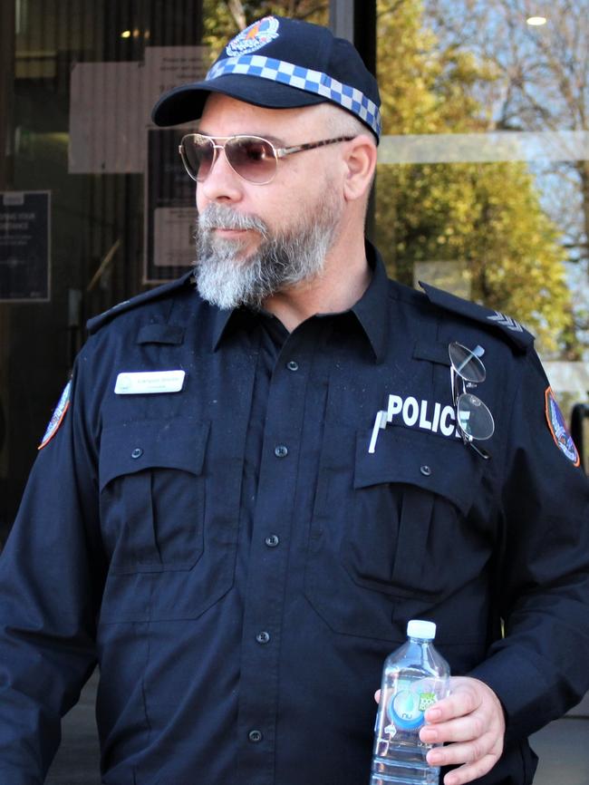 Remote Sergeant Lanyon Smith outside the Alice Springs Local Court. Picture: Jason Walls