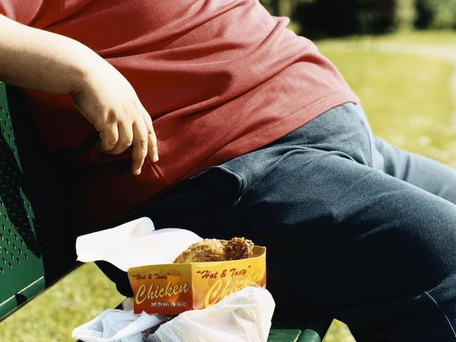 25/07/2011 NEWS: Mid-section of an overweight man sitting on a park bench with take-away food. Obese generic. Fat. Junk food. thinkstock Pic. Supplied