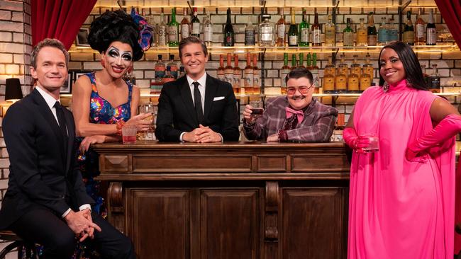 Neil Patrick Harris, Bianca Del Rio, David Burtka, Murray Hill and Haneefah Wood for Drag Me to Dinner. Picture: Supplied