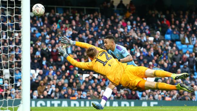 Gabriel Jesus scores Manchester City’s fourth goal against Fulham.