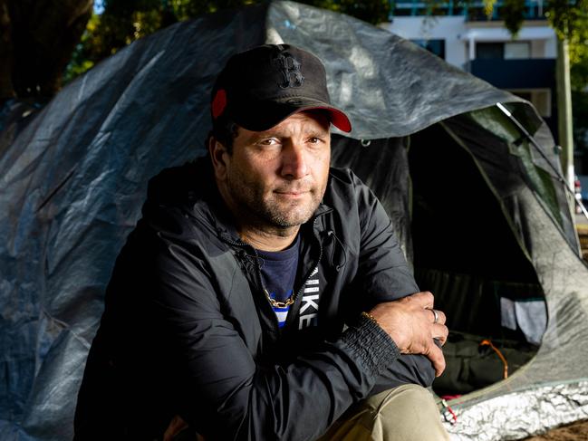 Michael Rose with his tent in Musgrave Park, South Brisbane. Picture: Richard Walker