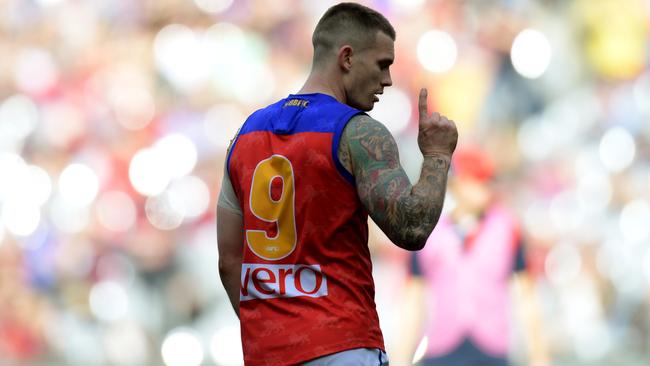 Dayne Beams celebrates a goal against Melbourne.