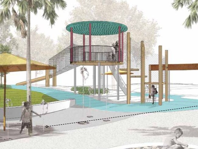 Proposed Goorimahbah - Place of Stories Inclusive Park and Playspace for Jack Evans Harbour.  Design including water feature.