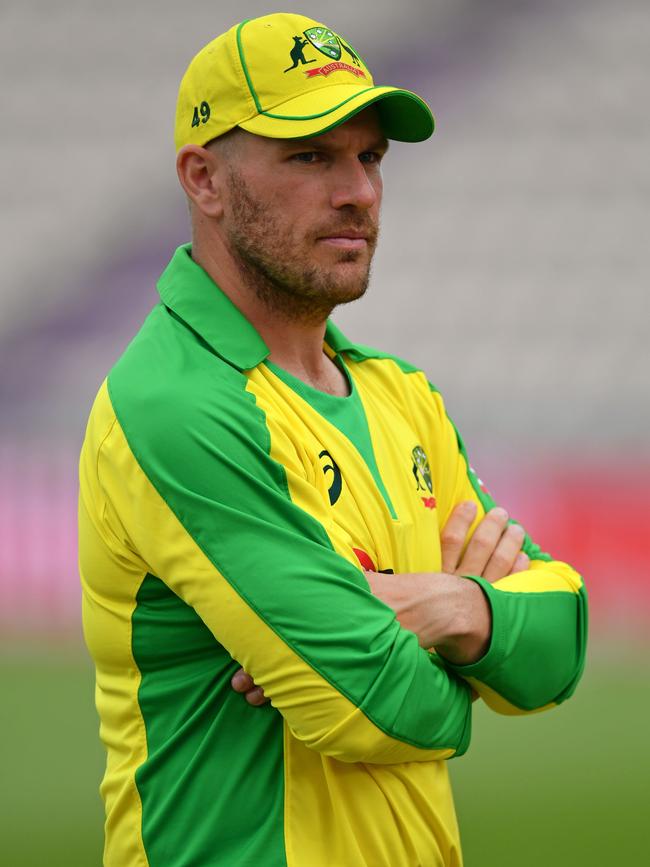 A concerned Aaron Finch in the field. Picture: AFP Photo