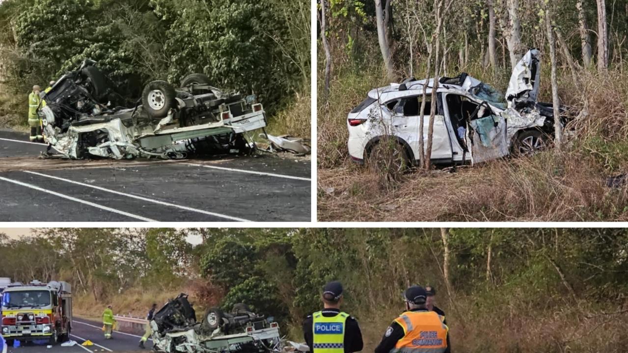 Aftermath of a crash on the Bruce Highway at Bloomsbury involving two trucks and a car on August 1, 2024. Two people, a man in his 70s and a man in his 20s suffered life threatening injuries and had to extricated. Two other people walked away from the crash stable. Photos taken at 6pm. Picture: Janessa Ekert