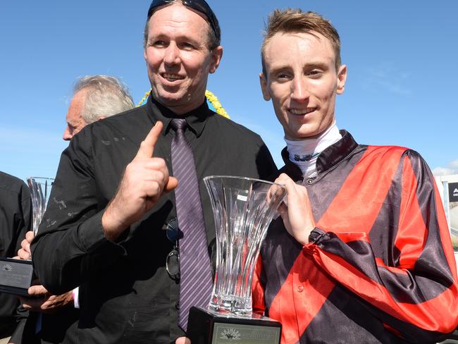 Winning jockey Luke Dittman with trainer John Zielke. Picture: Grant Peters, Trackside Photography