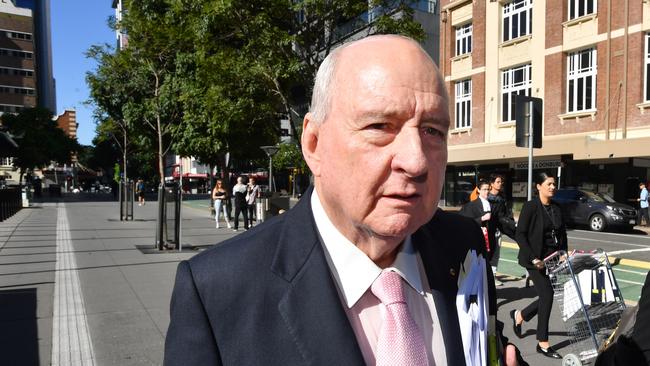 Radio host Alan Jones is seen arriving at the Supreme Court in Brisbane, Thursday, May 17, 2018. The Toowoomba-based Wagner family is suing the talkback radio host over comments he made during 32 broadcasts in 2014 and 2015. (AAP Image/Darren England) NO ARCHIVING