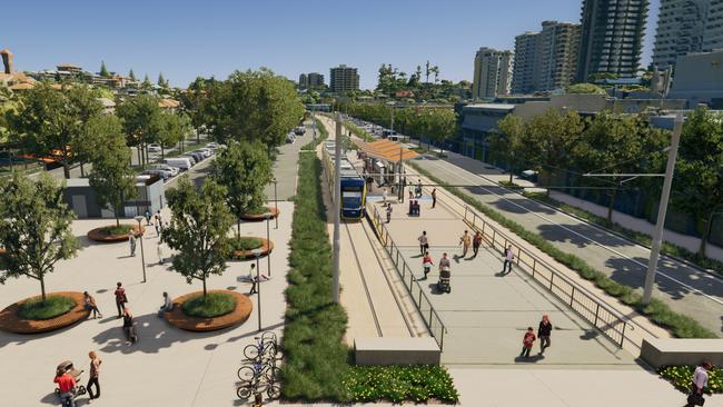 Artist impression of Gold Coast Light Rail Stage 4 between Tugun and Coolangatta, including Gold Coast Airport and the NSW border. Picture: Department of Transport and Main Roads.