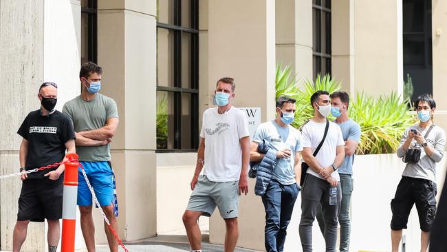 People associated with the Australian Open are seen lining up at a testing facility at the View Melbourne Hotel. Picture: Asanka Ratnayake/Getty Images.