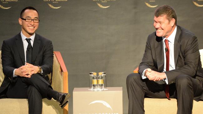 Lawrence Ho, son of Macau gaming tycoon Stanley Ho, and Australian billionaire James Packer smile during a press conference at the newly-opened City of Dreams mega-casino in Manila in February 2015. Picture: AFP