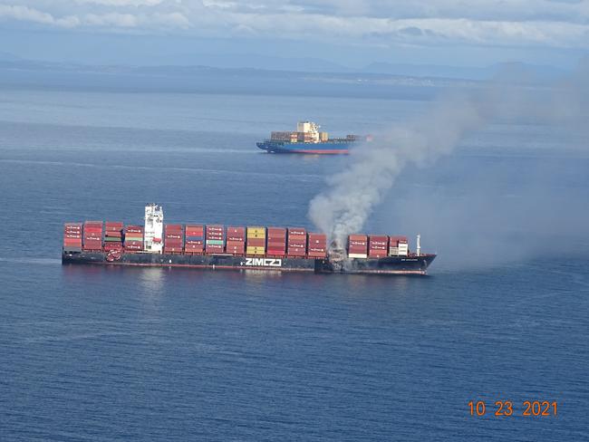 The Zim Kingston anchored near Victoria, British Columbia. Picture: @USCGPacificNW/Twitter