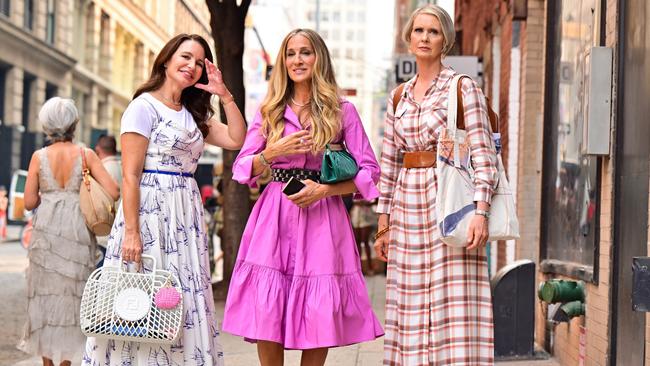 Kristin Davis, Sarah Jessica Parker and Cynthia Nixon on the set of And Just Like That in New York. Picture: James Devaney/GC Images