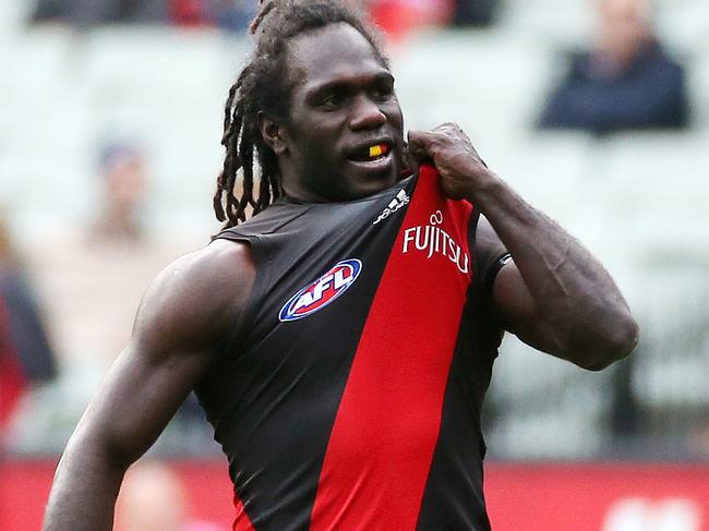 AFL Round 23 : Essendon V Carlton at the M.C.G., 27th August , Melbourne Australia.   Essendon's Anthony McDonald-Tipungwuti holds onto his jumper after his goal in the third quarter. Picture : George Salpigtidis