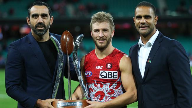 Adam Goodes and Michael O'Loughlin with Kieren Jack after last year’s Marn Grook game. Picture: Phil Hillyard