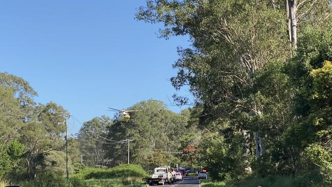 The rescue chopper leaving the scene at Glenview. Picture: Natalie Wynne