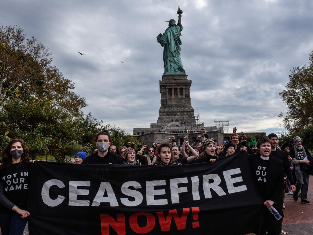 Activists from Jewish Voice for Peace return to the ferry after occupying the pedestal of the Statue of Liberty in New York City. Picture: Getty Images North America / Getty Images via AFP