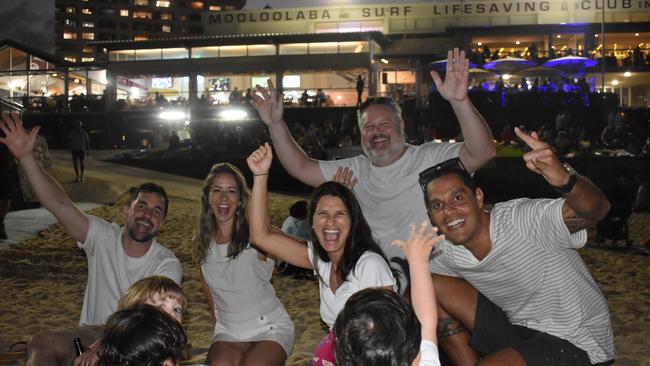 (No surnames given) Gustavo, Karol, Natasha, Nick and Mike, with children Leo, Luca and Maya celebrating New Year's Eve 2022 at Mooloolaba. Photo: Elizabeth Neil