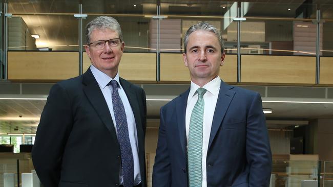CBA Chair Paul O’Malley and CEO Matt Comyn, at Commonwealth Bank headquarters in Sydney. Picture: Britta Campion