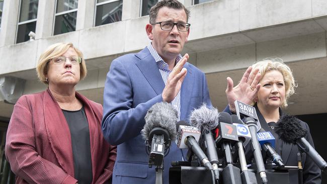 Victorian Premier Daniel Andrews announces the royal commission with Police Minister Lisa Neville (left) and Attorney-General Jill Hennessy. Picture: AAP