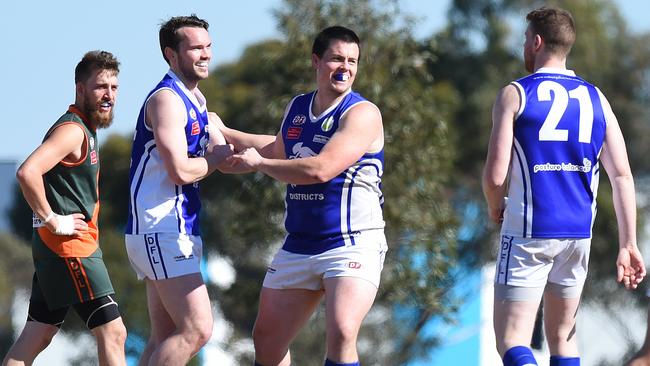 Coburg Districts celebrate a goal last season. Picture: Josie Hayden