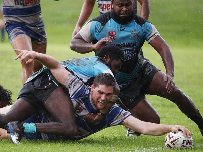 Brothers' Evan Child stretches out to score one of his three tries in the Cairns and District Rugby League (CDRL) match between the Cairns Brothers and the Mossman-Port Douglas Sharks, held at Stan Williams Park, Manunda. Picture: Brendan Radke