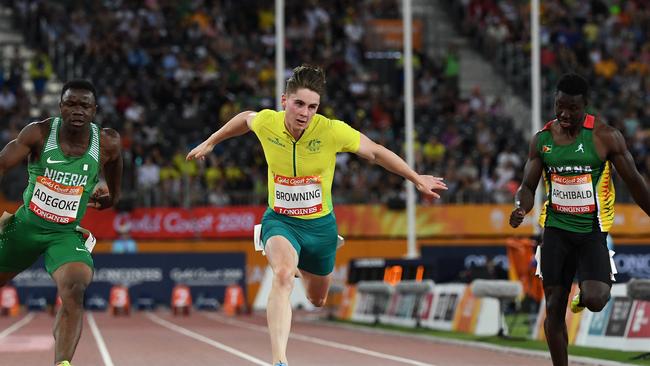 Rohan Browning crossing the line at the Gold Coast Commonwealth Games. Picture: AAP Images