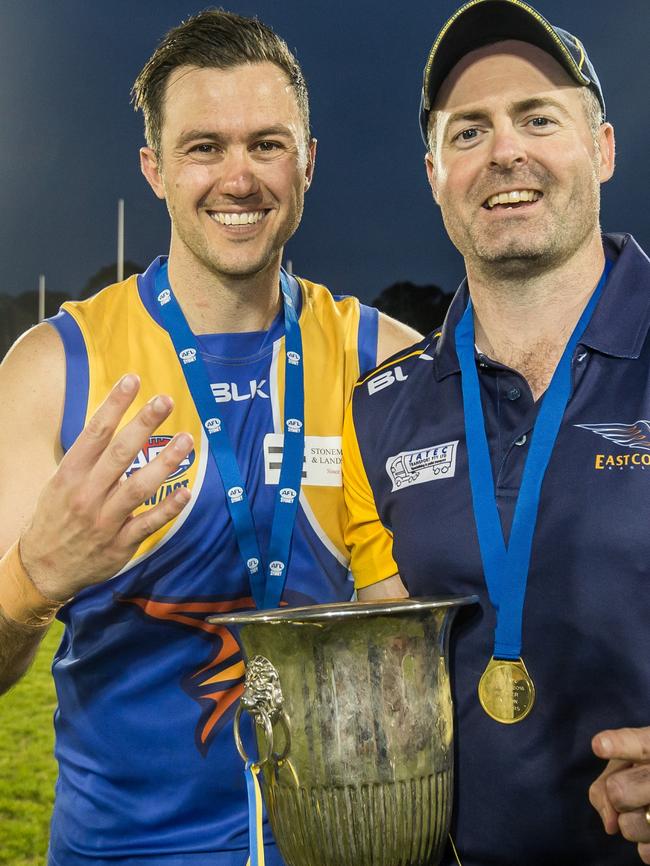 Eagles skipper Jon Vlatko and coach Michael Sankey with the cup.