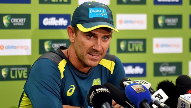 Australian coach Justin Langer at a press conference in Sydney on Thursday. Picture: AAP 