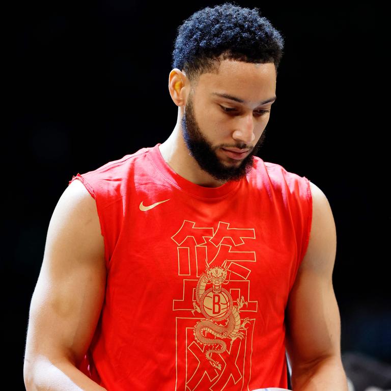 Ben Simmons wears a warm up shirt as the Nets host a Chinese New Year celebration game against the Boston Celtics at Barclays Center on February 13, 2024 (Photo by Sarah Stier / Getty Images)