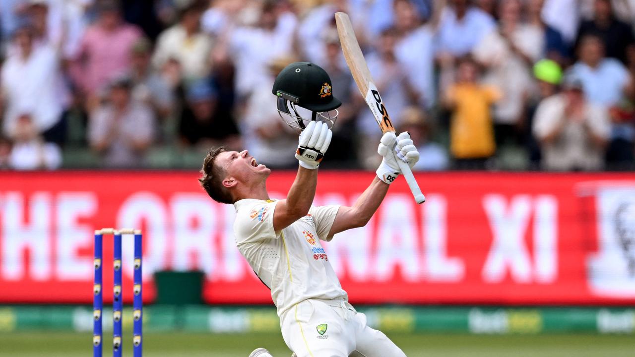 David Warner celebrates his double century in the Boxing Day test. Picture: AFP