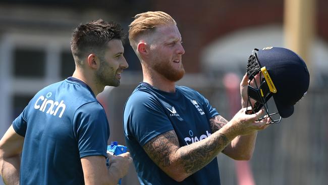 England captain Ben Stokes (right) is seen at training with fast bowler Mark Wood ahead of the first Ashes Test at Edgbaston. Picture: Getty Images