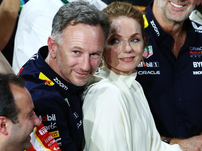 JEDDAH, SAUDI ARABIA - MARCH 09: Oracle Red Bull Racing Team Principal Christian Horner and Geri Horner react in parc ferme during the F1 Grand Prix of Saudi Arabia at Jeddah Corniche Circuit on March 09, 2024 in Jeddah, Saudi Arabia. (Photo by Clive Rose/Getty Images)