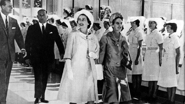 Prince Philip, Sir Henry Bolte, Queen Elizabeth II and Dame Elisabeth Murdoch at the opening of the new Royal Children's Hospital in 1963. Picture: The Herald