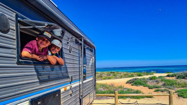 Melbourne couple Tom and Aimee Urech-Wright sold up and have been seeing the country in their caravan with their sons in tow. Picture: @4boysandacaravan