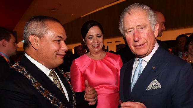 Prince Charles, Prince of Wales with Gold Coast Mayor Tom Tate and Queensland Premier Annastacia Palaszczuk.