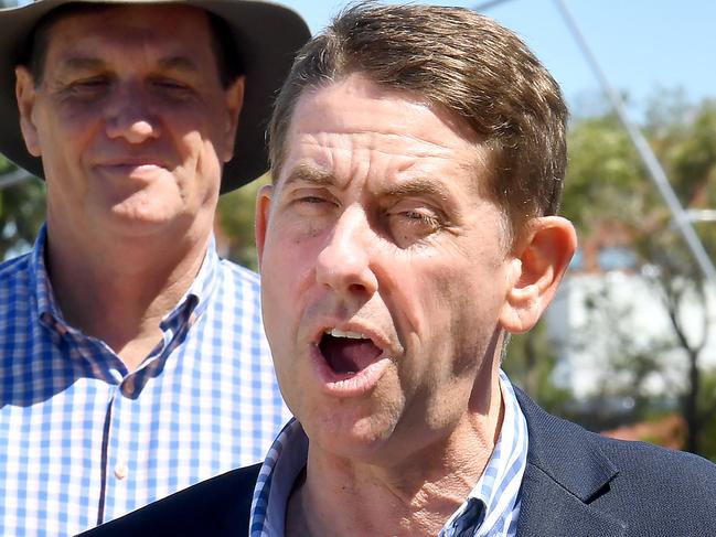 Treasurer Cameron Dick talks to the media.Treasurer Cameron Dick with Energy Minister Anthony Lynham and Labor candidate for Stafford Jimmy Sullivan to officially launch the Cuts Express as it embarks on its 12-day, 3800km trip up and down the state.Monday October 19, 2020. Picture, John Gass