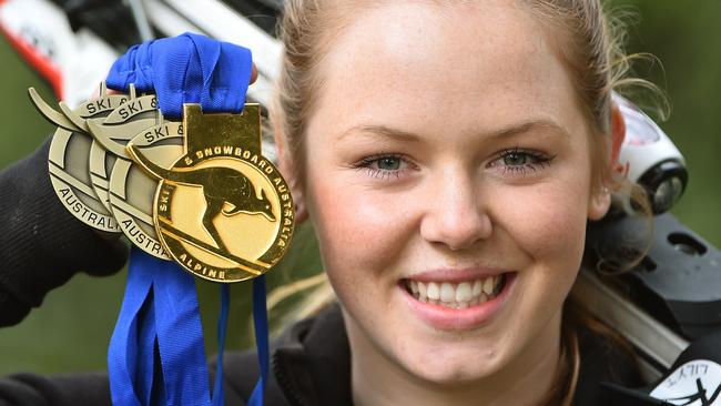 Lily Tomkinson with her medals from the 2016 national alpine skiing championships. Picture: Carmelo Bazzano