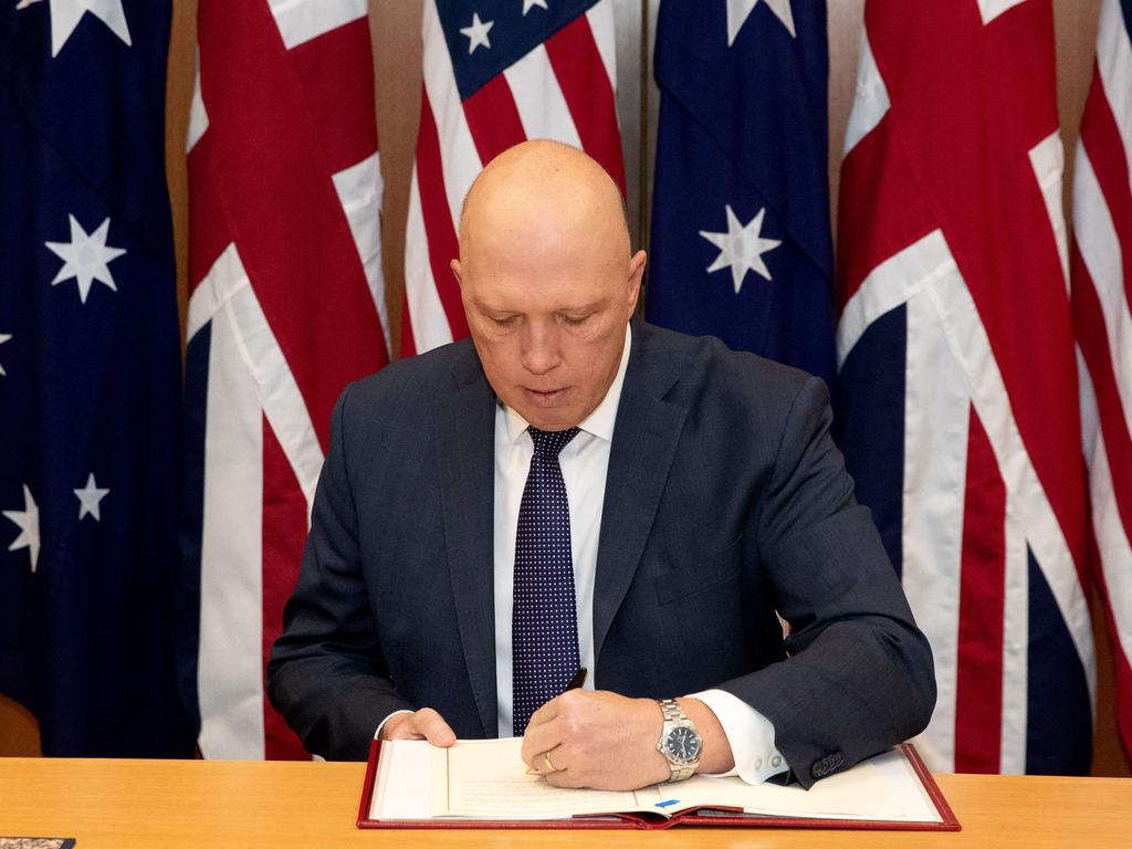 When he was Defence Minister, Peter Dutton signed the Exchange of Naval Nuclear Propulsion Information Agreement along with British and United States during a ceremony at Parliament House in Canberra back in November 2021 and he remains an advocate of nuclear power. Picture: Kym Smith/Australian Defence Force/AFP