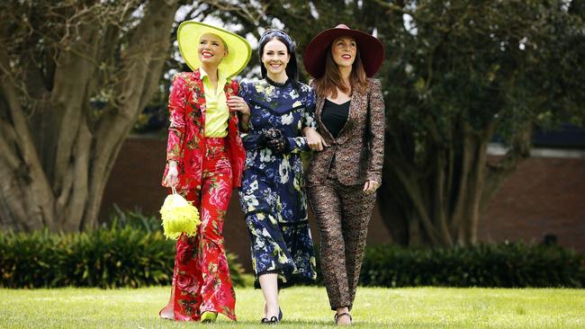 L to R: Milliners Stacey Hemera Roberts, Viktoria Novak and Ann Shoebridge pictured at Royal Randwick. Picture: Sam Ruttyn