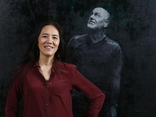 Archibald Prize Finalist artist Tianli Zu with her portrait of Professor Tim Flannery, "Tim and Kelp" at the Art Gallery of NSW. Picture: John Appleyard