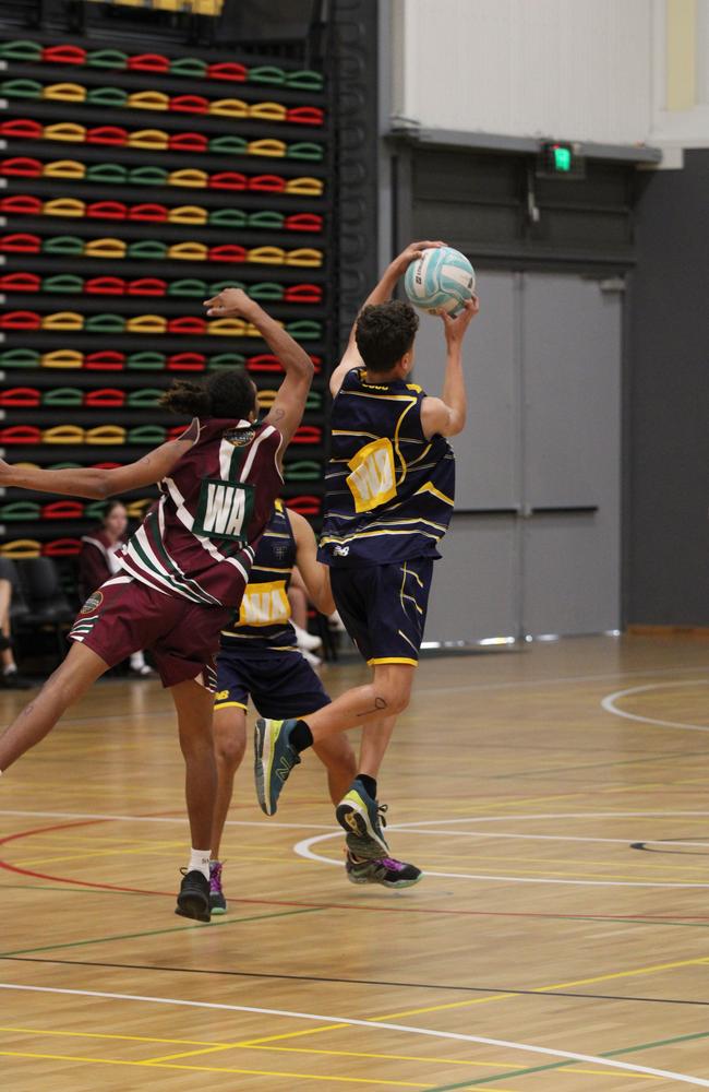 Netball action at QISSN 2024 held in Townsville. (Boys) Mt Maria College v St Catherine's Catholic College