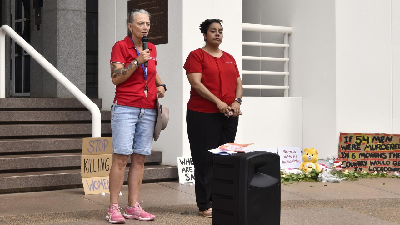 Prevention of Domestic, Family and Sexual Violence Minister Kate Worden and Territory Families Minister Ngaree Ah Kit at the Darwin No More Violence rally at Parliament House, 2024. Picture: Sierra Haigh