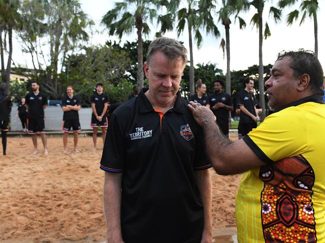 Darwin Salties NBL1 coach Matt Flinn during a traditional saltwater Welcome to Country earlier this week. Picture: (A)manda Parkinson