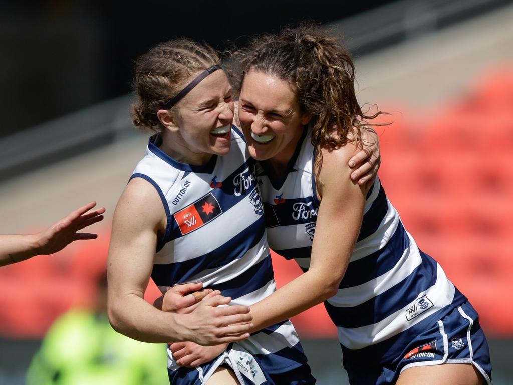 Georgie Rankin of the Cats celebrates a goal against Gold Coast. Picture: Russell Freeman/AFL Photos via Getty Images.