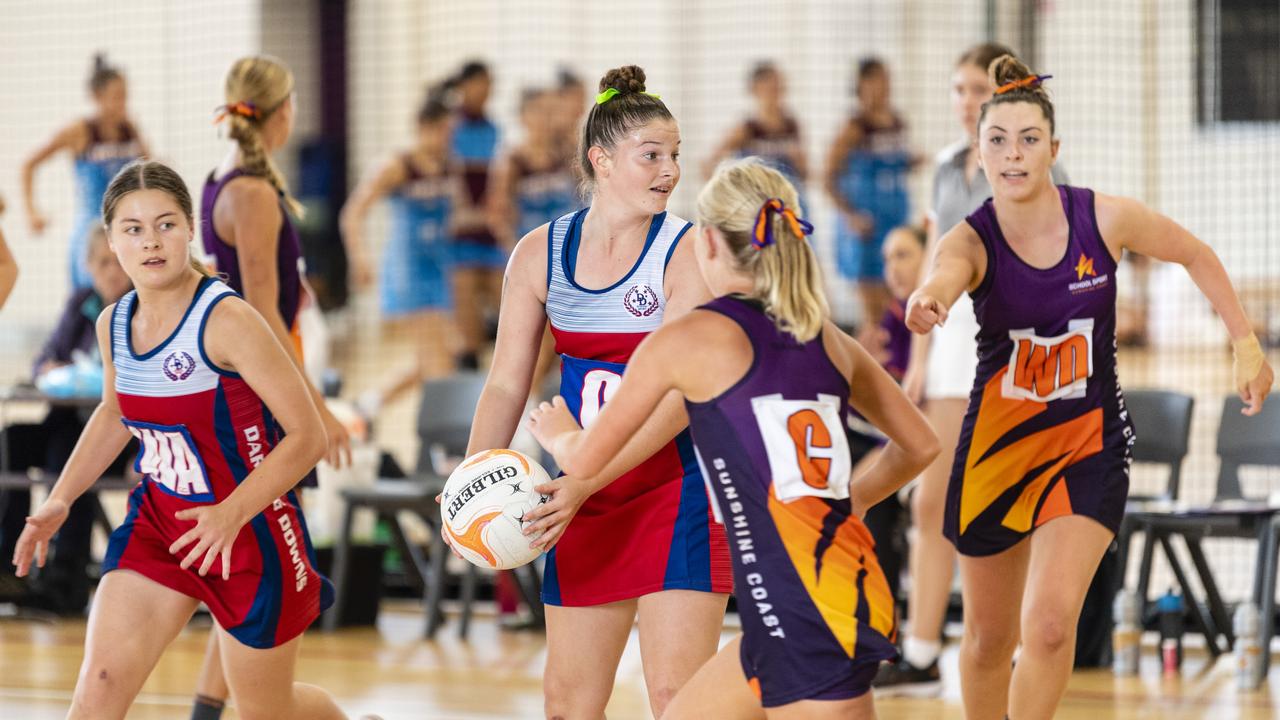 Ella Norton for Darling Downs against Sunshine Coast in Queensland School Sport 13-15 Years Girls Netball championships at The clive Berghofer Sports centre, The Glennie School, Friday, May 6, 2022. Picture: Kevin Farmer