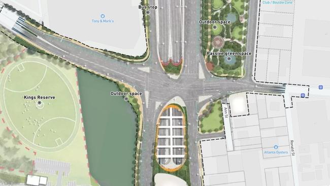 Plans for the Torrens to Darlington Project at the intersection of South Rd and West Thebarton Rd show the West Thebarton Hotel would be demolished and replaced with green space. Picture: Department of Infrastructure and Transport