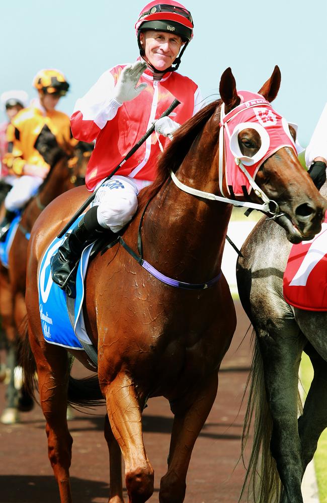 Jockey Jeff Lloyd returns aboard Aldini after winning the Makers Mark Open Handicap. Picture: Claudia Baxter