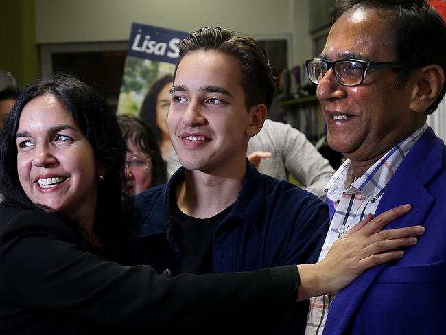 Lisa Singh with her son, Jack, and father, Uppi, on election night. Picture: SAM ROSEWARNE